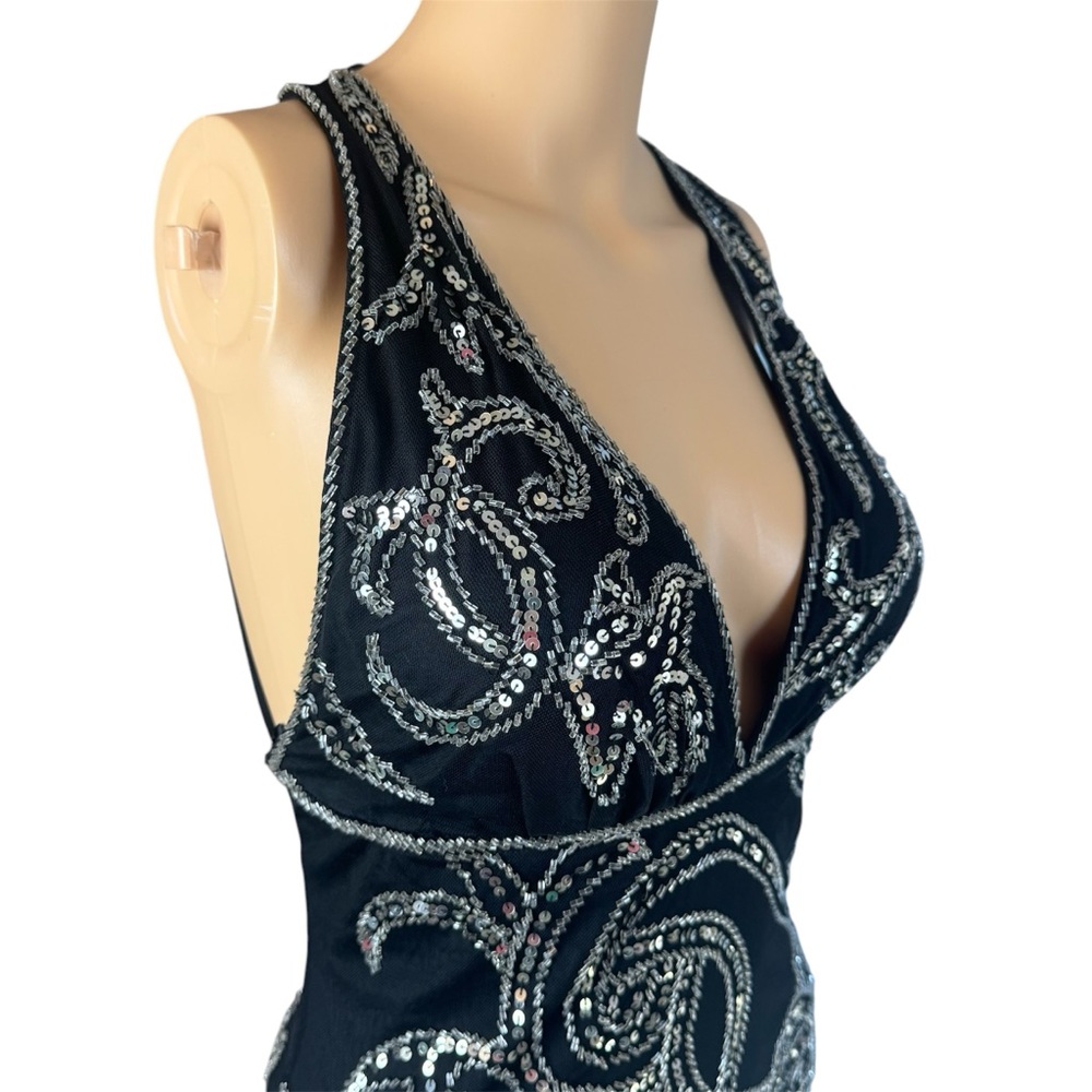 Mac Duggal Couture Black Beaded Plunge Front Open Back Evening Dress Gown Prom L - Picture 5 of 13